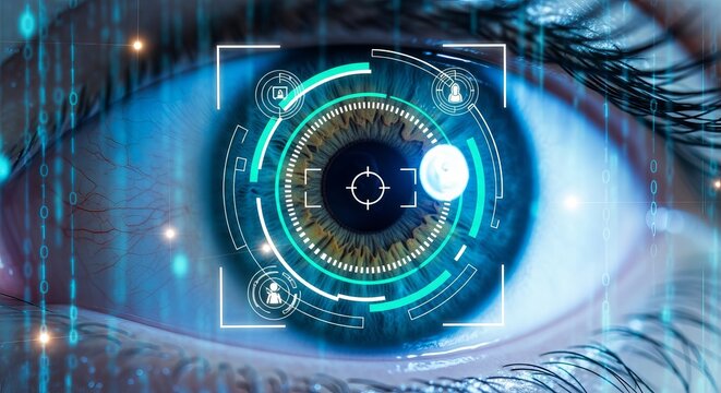 Cyber Security Biometric Iris Scan with Digital HUD Interface and Binary Data Stream Technology