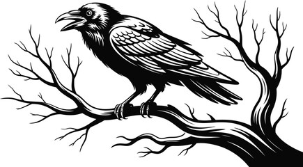 Fototapeta premium Gothic Screaming Raven on Gnarled Branch Woodcut