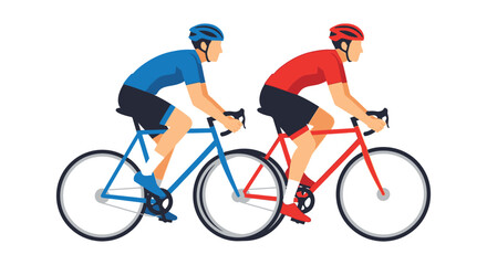 Fototapeta premium Two cyclists in dynamic motion one in blue and one in red race side by side with stylized bicycles silhouette high quality