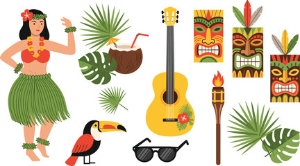 Tropical Island Vacation Vector Set Featuring Hula Dancer Tiki Totems Toucan Bird Coconut Drink and Guitar for Summer Beach Party and Hawaiian Holiday Designs © MdRoni
