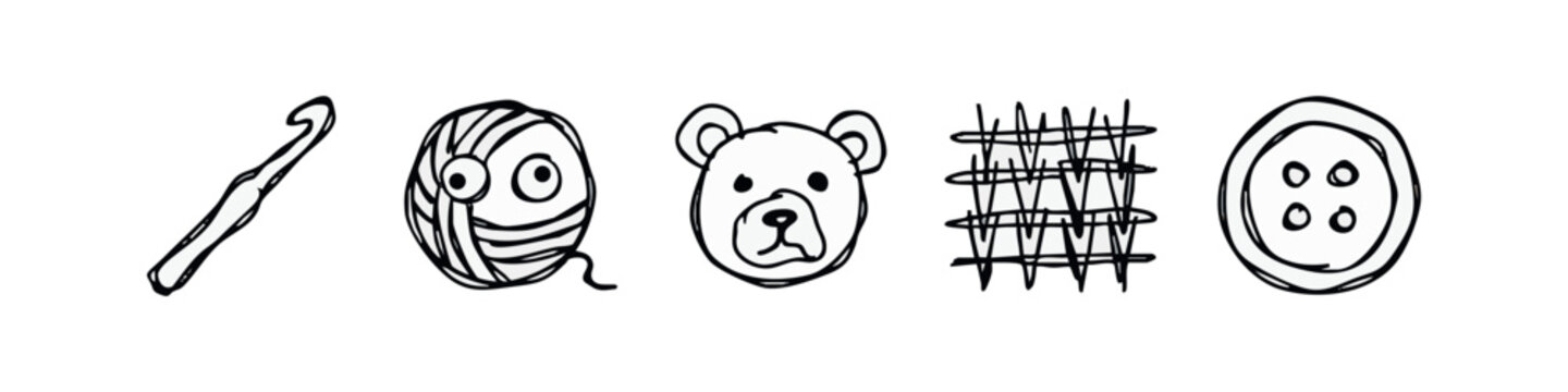 Knitting and Crochet Craft Icon Set in Hand-Drawn Sketch Style - Crochet Hook, Yarn Ball, Teddy Bear, Fabric, Button