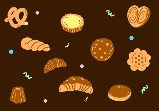 Collection of dessert icons with pretzel egg tart croissant and cookies for cafe branding