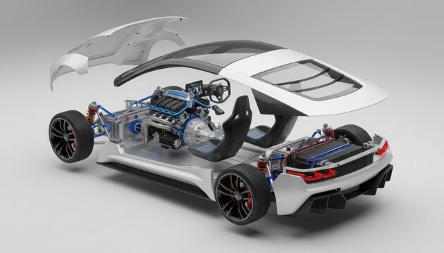 Exploded view of luxury hypercar displaying engine interior and modular sections.