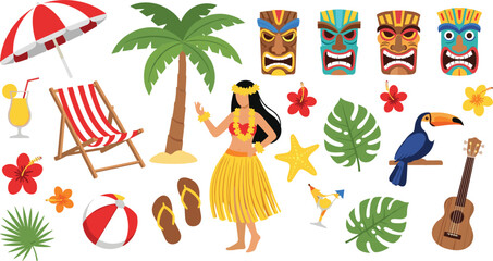 Tropical Summer Beach Vacation Vector Icon Set Featuring Hula Dancer Palm Tree Tiki Masks Toucan Beach Chair and Exotic Flowers for Island Travel and Party Designs © MdRoni