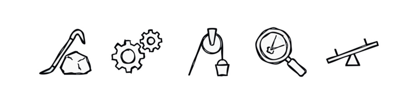 Black and White Hand Drawn Sketchy Simple Machine Icons Collection with Lever Gears Pulley and Seesaw
