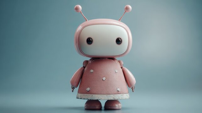 A small pink robot toy with a dress and antennae stands alone on a blue background