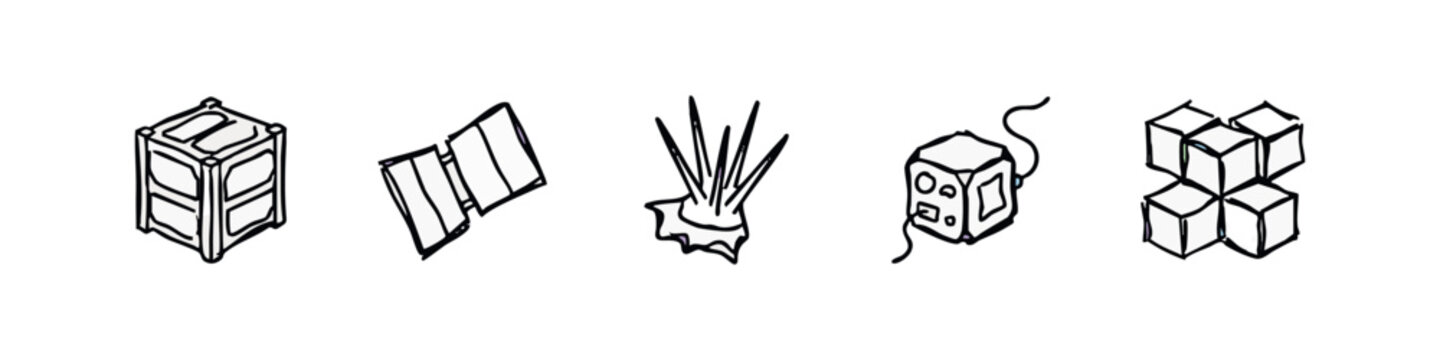 Rough Hand Drawn Sketch Icons of Cube Satellites and Technological Geometric Shapes