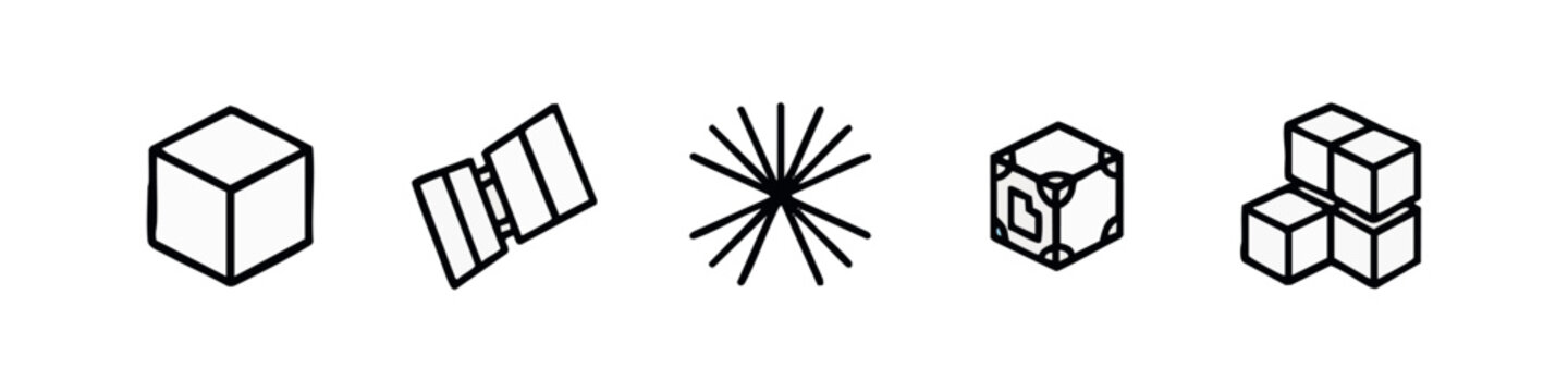 Minimalist Line Art Icon Set of Cube Satellites and Geometric Technology Components