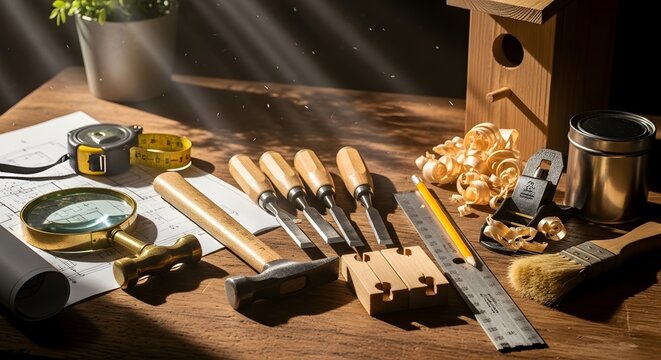Woodworking tools and honeycomb on a wooden table