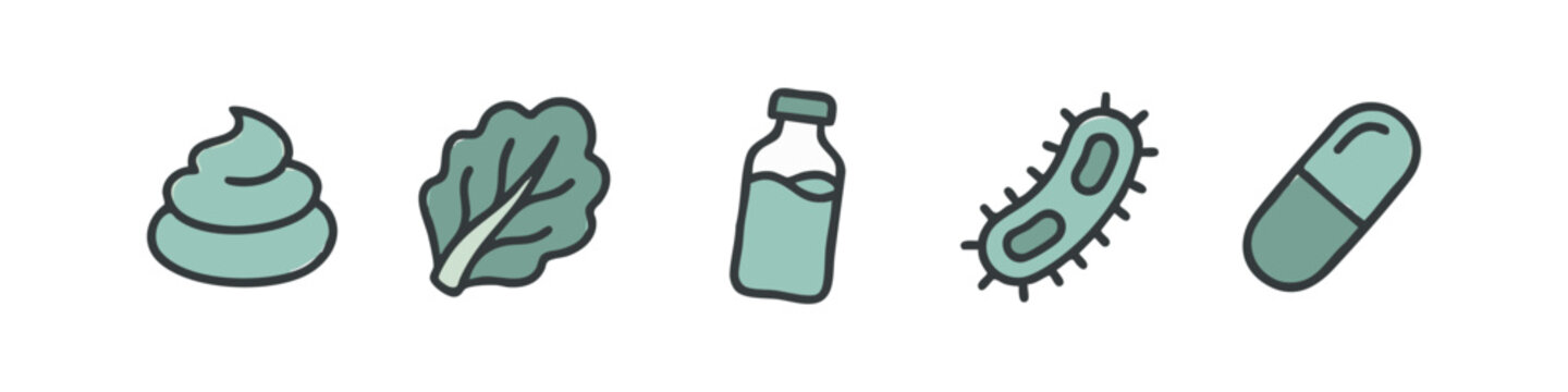 Colorful hand-drawn icons: poop, lettuce, bottle, bacteria, capsule