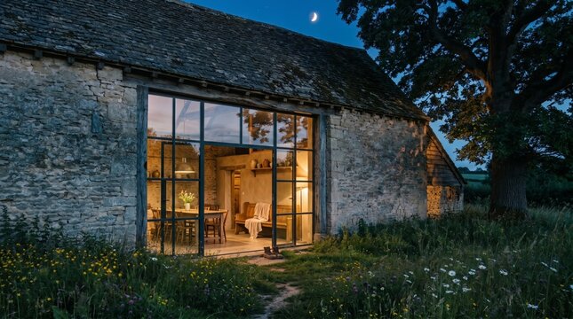 Stone barn conversion with cozy illuminated interior at dusk