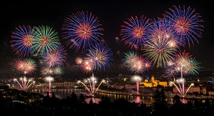 Fototapeta premium Spectacular fireworks display over city skyline at night
