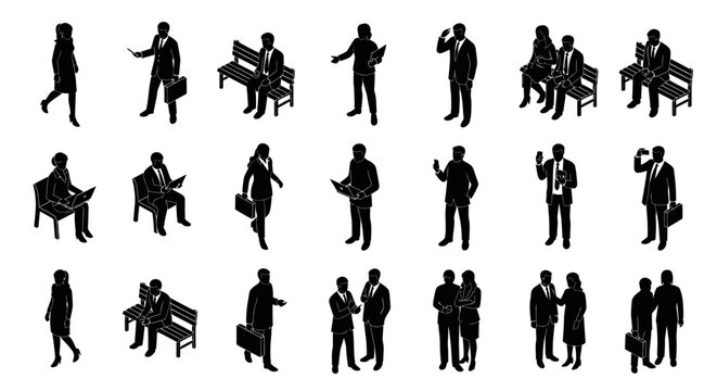 isometric business people silhouette vector set with diverse corporate characters in various work poses and activities.