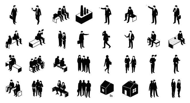 isometric people vector set of black silhouettes for architectural visualization including business characters and objects.