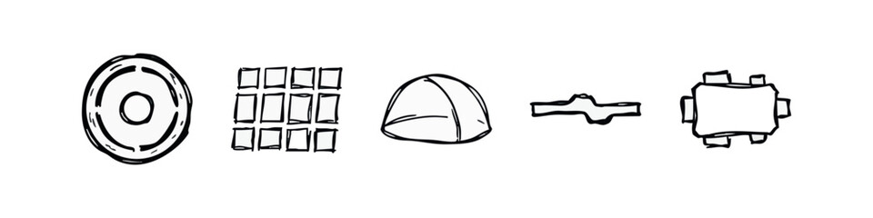 Doodle icons: Target, grid, dome, plus sign, cube with connectors © liubomir118809