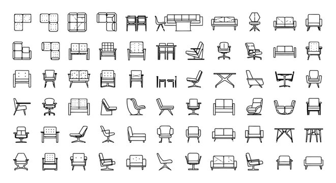 architectural furniture symbols and vector icons for floor plans. top view chairs sofas tables for interior design.