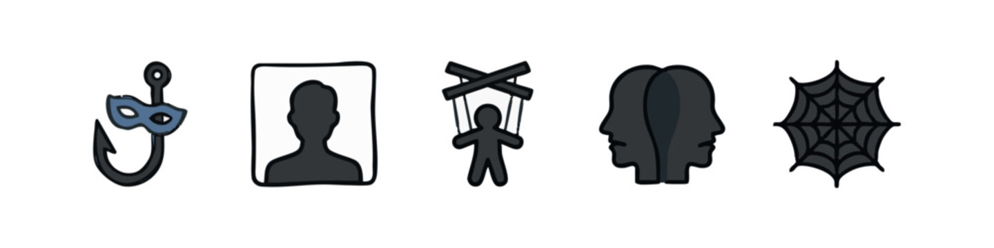 Doodle icons: Fishing hook with mask, silhouette, puppet, split head, spider web