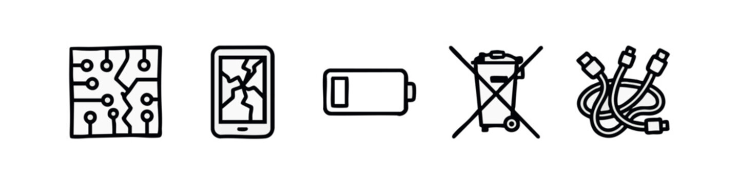 Line art icons: Broken circuit board, cracked smartphone, battery, no electronics bin, tangled cables