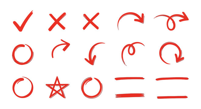 hand drawn red marker symbols arrows and checkmarks offer versatile graphic elements for highlighting and correction in design projects.