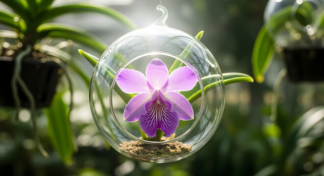 Beautiful pink cattleya orchid suspended in glass sphere with soft bokeh greenhouse background and warm natural lighting.