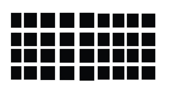 A minimalist arrangement displays a grid of solid black squares against a stark white background creating a pattern