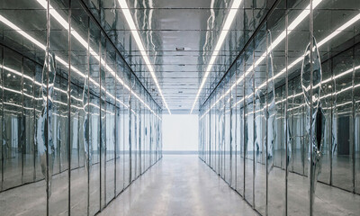 Obraz premium Mirror hallway reflection creates a distorted and infinite passage with bright linear lights in a modern art gallery space
