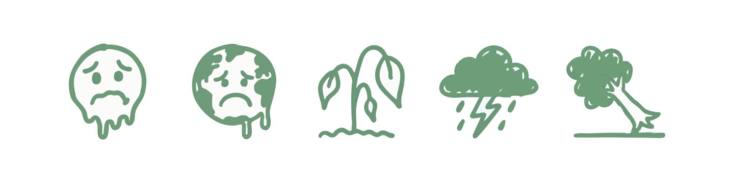 Doodle icons: melting face, melting earth, wilting plant, storm cloud, damaged tree