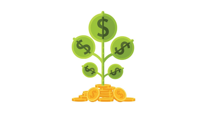 A vibrant green money tree grows from a golden coin base symbolizing financial growth and prosperity silhouette high quality professional detailed