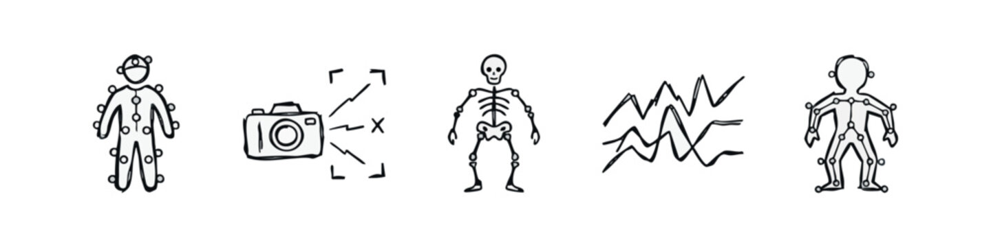Doodle Icons: Motion Capture Suit, Camera, Skeleton, Waveforms, Animated Figure