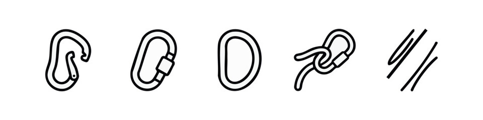 Line art icons: carabiners, abstract shapes, knot © liubomir118809