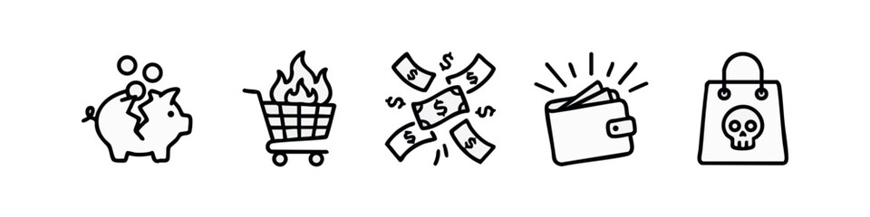 Line art icons: broken piggy bank, shopping cart on fire, falling money, wallet, shopping bag with skull © liubomir118809