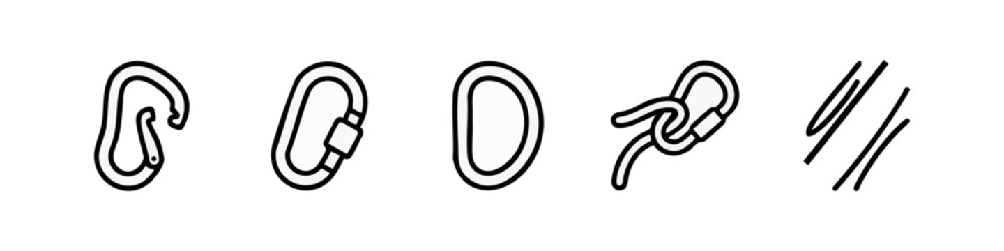 Line art icons: carabiners, abstract shapes, knot