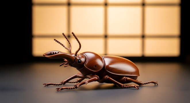 Stag beetle netsuke sculpture carved from polished wood with detailed anatomy sitting on table against shoji screen room.
