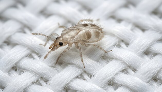 Macro view of a dust mite under a microscope crawling on white fabric for house dust allergies concept, highlighting respiratory health and indoor pests
