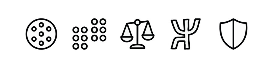 Obraz premium Set of 5 outline icons for psychology and mental health: circle, dots, scales, psi symbol, shield