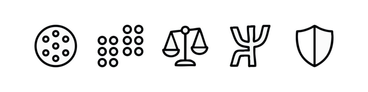 Set of 5 outline icons for psychology and mental health: circle, dots, scales, psi symbol, shield
