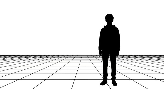Silhouette of a standing person, full body, facing forward.