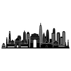 Fototapeta premium A black and white vector graphic illustration of a city skyline with a mix of modern and traditional buildings