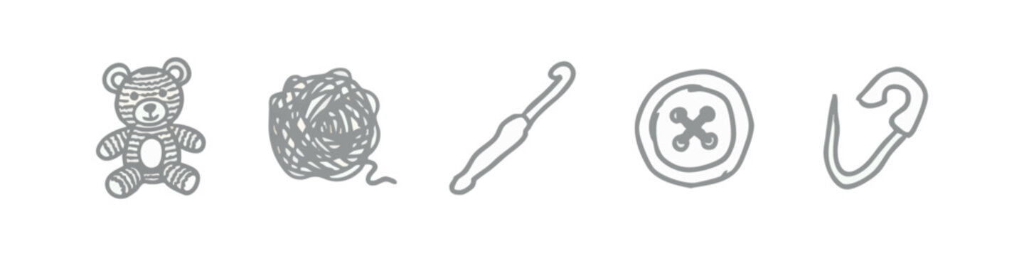Drawn icons related to sewing and crafts: teddy bear, yarn ball, crochet hook, button, safety pin.