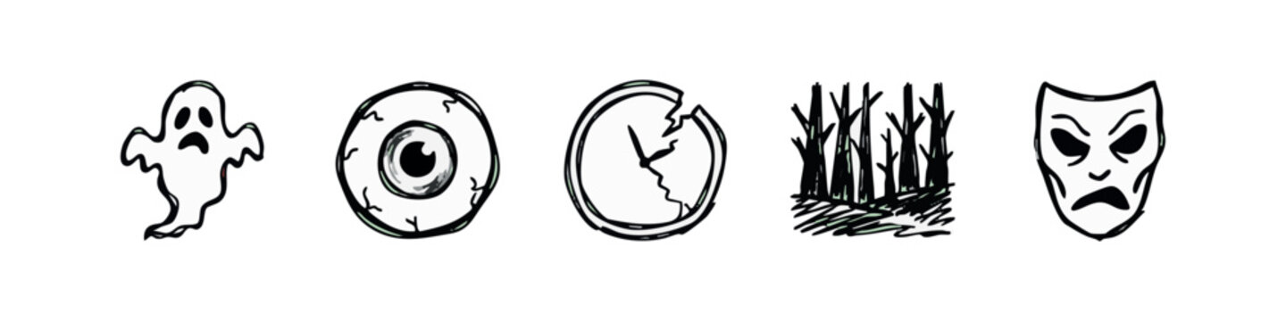 Hand-drawn icons for Halloween: ghost, eyeball, cracked clock, spooky trees, drama mask.