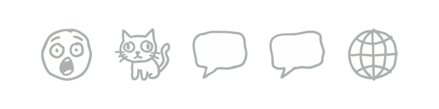 Grey Hand Drawn Miscellaneous Icons with Cat Globe and Speech Bubbles