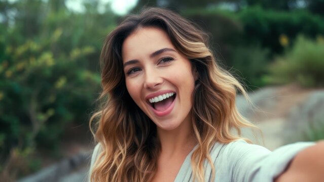Woman smiles widely, capturing selfie moment outdoors