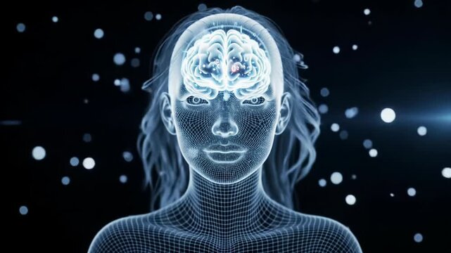 Transparent digital wireframe human with a pulsating AI brain and luminescent neural network patterns, abstract data streams, against an infinite dark technological void with bokeh, slow dolly