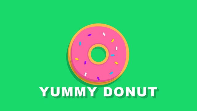 Colorful pink glazed donut animation with sprinkles on green background for bakery and food business promotions