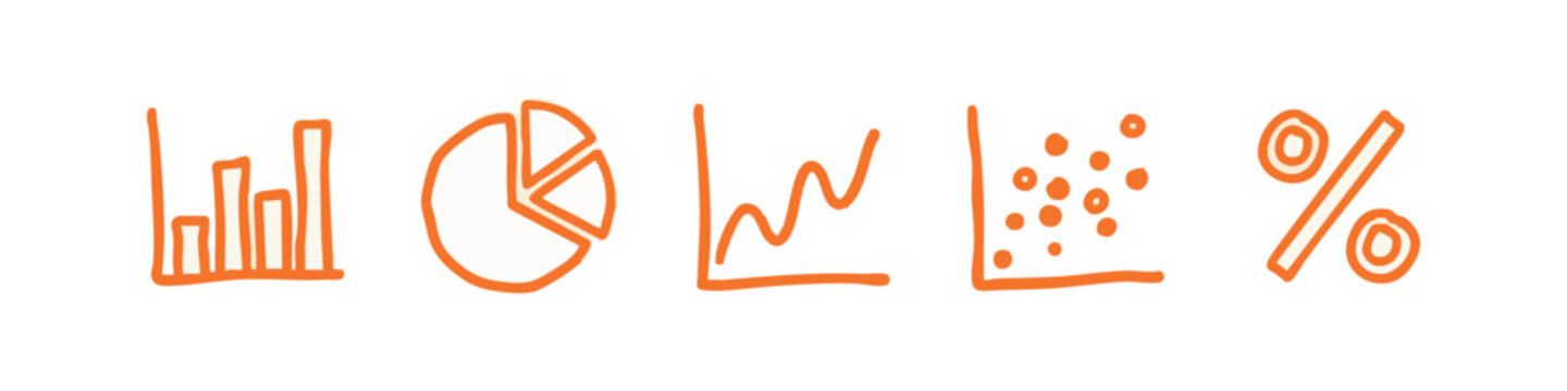 Orange Hand-Drawn Data Analytics, Charts, and Business Statistics Icons