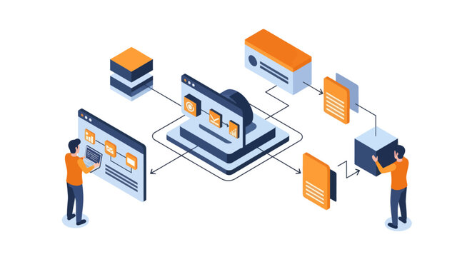 Isometric illustration of data processing and network communication.