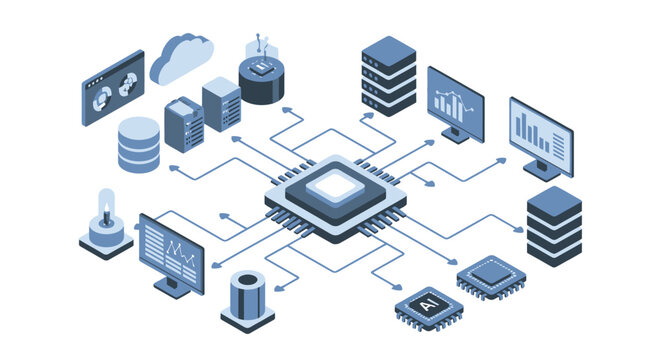 Isometric illustration of interconnected computer systems, data processing, and network architecture.