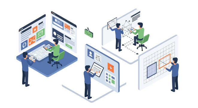 Isometric illustration of people working on various digital interfaces and data analysis.