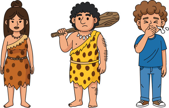 Human evolution stages from prehistoric caveman to modern man, primitive clothing, stone age lifestyle and contemporary character transformation flat vector illustration