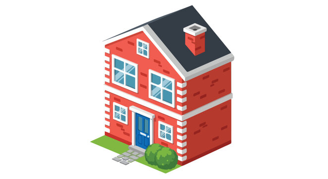 Isometric Two Story Red Brick House Vector Illustration, Suburban Residential Home Exterior with Blue Door and Chimney